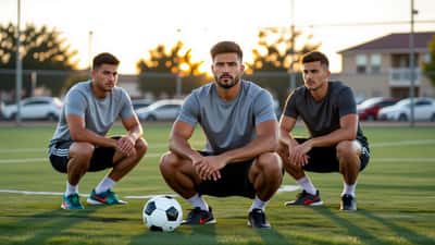 Hombre latino sentado en cancha de fútbol comunitaria sujetando la rodilla lesionada con sus compañeros a su alrededor