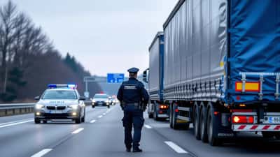 Polizist kontrolliert Ladungssicherung eines Sattelzugs auf der deutschen Autobahn