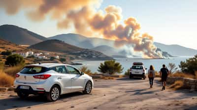 Verlassener Mietwagen auf Kreta während Waldbrand-Evakuierung, Rauch über den Hügeln
