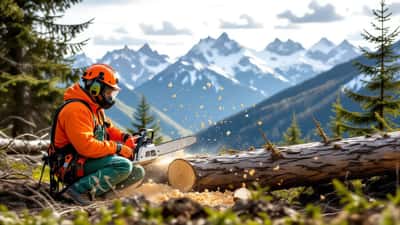Forstarbeiter mit Schutzausrüstung und Kettensäge im österreichischen Gebirgswald