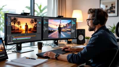 Film editor at post-production workstation analyzing CGI compositing of actor scene on dual monitors with legal contracts on desk