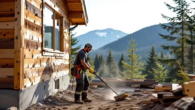 Homeowner clearing dry brush from the perimeter of a home on a forested hillside in rural British Columbia for wildfire protection
