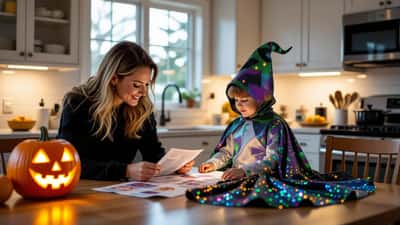 Parent vérifiant l'étiquette d'un costume d'Halloween pour enfant avant le 31 octobre 2026