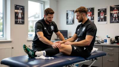 Sports physiotherapist examining a footballer's knee injury in a Glasgow clinic, football boots and kit visible on the treatment table