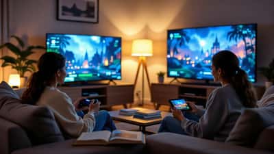 Adolescente jugando videojuegos mientras sus padres revisan el reporte de tiempo de pantalla