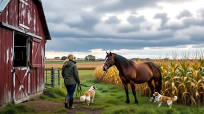 Woman leads a horse toward a red barn as a dark storm sky looms over a rural Iowa farm, a dog at her side