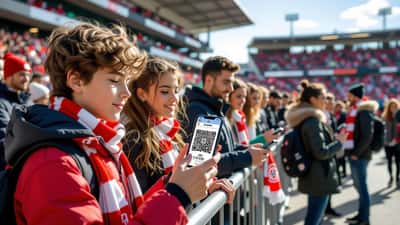 Supporter scannant son billet mobile sur smartphone à l'entrée d'un stade de la Coupe du Monde 2026