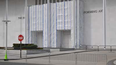 Barricade outside the Kennedy Center in Washington, D.C., closed in September 2026