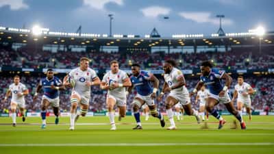 Fiji and England rugby teams line up for the 2026 international match