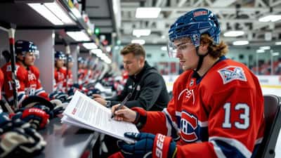 Joueur de hockey québécois examinant un contrat NHL avec un conseiller financier dans un vestiaire professionnel