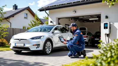 Bilmekaniker undersöker elbils batteri med diagnostikverktyg inför V2G-installation i Sverige