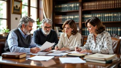 Famiglia italiana che esamina documenti di eredità e debiti nello studio di un notaio