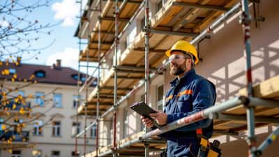 Handwerker prüft Gerüst an Wiener Fassade – Sicherheit und Kosten 2026