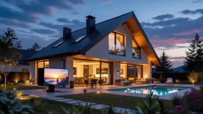 Orage éclair au-dessus d'une maison avec appareils électroniques protégés