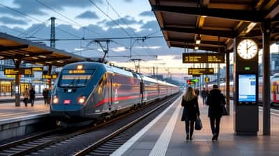 Reisende am Bahnsteig mit verspätetem Zug und Abfahrtstafel im Hintergrund