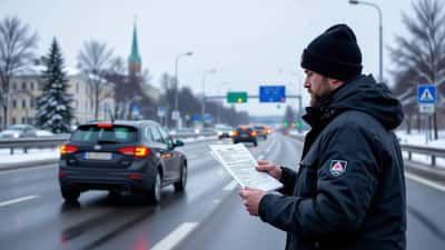 Suomalainen autoilija lukee ylinopeusmaksukirjettä liikennevalvontakameran edessä tiellä