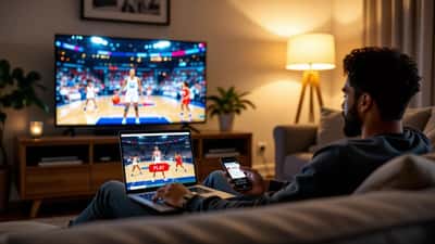 Aficionado viendo un partido de la WNBA en un portátil lleno de ventanas emergentes sospechosas junto a un teléfono con la app del banco