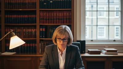 Female solicitor reviewing inheritance documents at mahogany desk in London law office