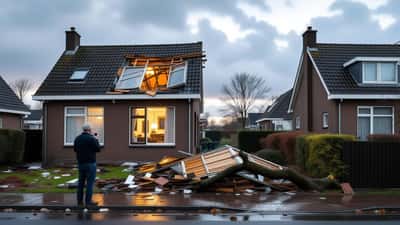 Beschadigde woning na noodweer in Flevoland juni 2026 met losgewaaide dakpannen en kapotte goot