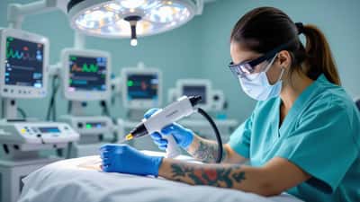 Dermatólogo con gafas de protección realiza una eliminación de tatuaje con láser en el antebrazo de un paciente en una clínica