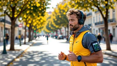 Corredor a verificar métricas GPS no smartwatch após treino em parque urbano