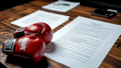 Boxeur professionnel à Lausanne examinant des documents juridiques antidopage en conférence de presse