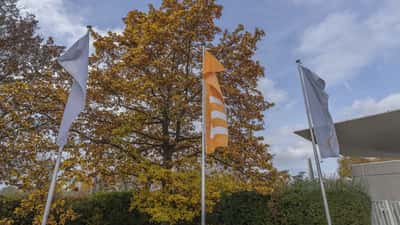 Drapeaux ZDF devant le siège de la chaîne publique allemande à Mayence
