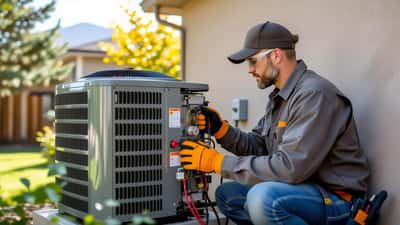 HVAC technician examining outdoor AC condenser unit with gauge manifold in suburban Denver Colorado
