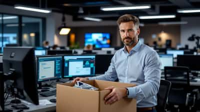 TV news producer packing a box at a darkened Australian newsroom desk after 10 News+ weeknight cancellation