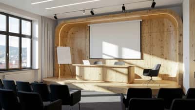 Moderne Konferenzbühne mit Podium und Tribüne in einem österreichischen Veranstaltungssaal
