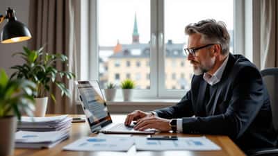 Svensk affärsman läser misstänkt mejl på bärbar dator i hemmakontor med BankID-app och finansdokument på skrivbordet