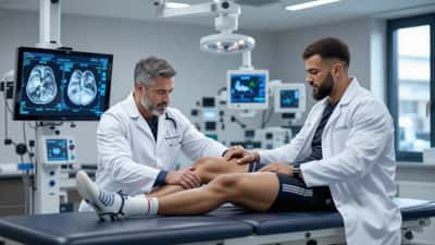 NHS sports medicine physician examining wrestler's knee injury in a London clinic