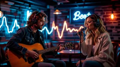 Sam Fender and Olivia Dean in a split-screen 2026 music studio scene connected by a glowing soundwave
