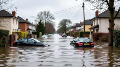 Inondation dans une rue française après de violentes tempêtes, véhicules submergés et ciel gris orageux