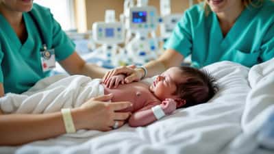 Nyfödd baby hud-mot-hud på mammans bröst medan en neonatalsjuksköterska övervakar på en svensk BB-avdelning