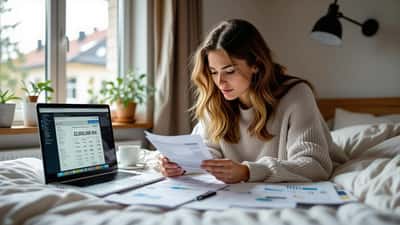 Student i Göteborg granskar CSN-lånedokument och återbetalningskalkyl på laptop