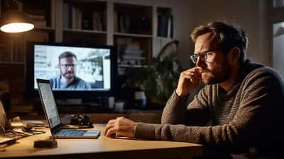 Mann schaut frustriert auf Smart-TV mit stockendem Bundesliga-Stream zu Hause