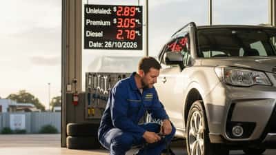 Australian mechanic checks tyre pressure outside Perth garage with fuel price board in background