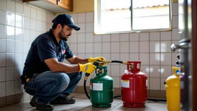 Técnico de instalação de gás testando a conexão do botijão com água e sabão em uma cozinha em Manaus