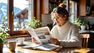 Une Romande lit un journal alémanique et annote son vocabulaire allemand dans un cahier