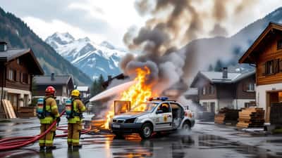 Pompiers luttant contre l'incendie d'une menuiserie à Spiringen dans le canton d'Uri, épaisse fumée au-dessus du village