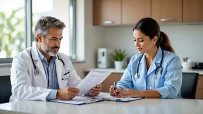 Médico hispano revisando resultados médicos con paciente cubano emigrante en clínica de Miami