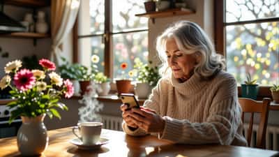 Anziana signora italiana guarda preoccupata immagini buongiorno su WhatsApp al mattino