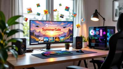Bureau gaming moderne avec l'interface Steam Summer Sale 2026 à l'écran