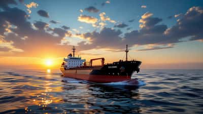 Navio petroleiro no Estreito de Ormuz ao amanhecer, simbolizando tensões geopolíticas em 2026