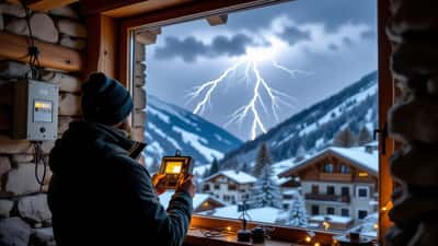 Propriétaire suisse vérifiant son tableau électrique avec un orage et un paratonnerre visibles par la fenêtre