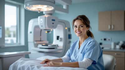 Woman in medical gown consulting with radiologist at Canadian mammography clinic