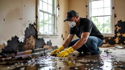 Propietario con mascarilla N95 inspecciona moho negro en una pared dañada por inundación en una casa de Florida