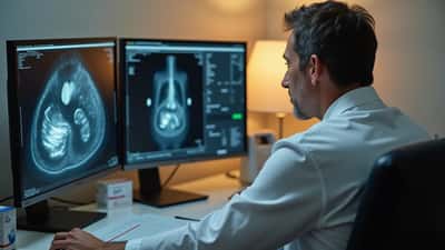 Canadian physician reviewing liver ultrasound results with a patient in a Toronto clinic