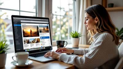 Professional woman reviewing AI-curated news feed on laptop in American home office, adjusting personalization settings
